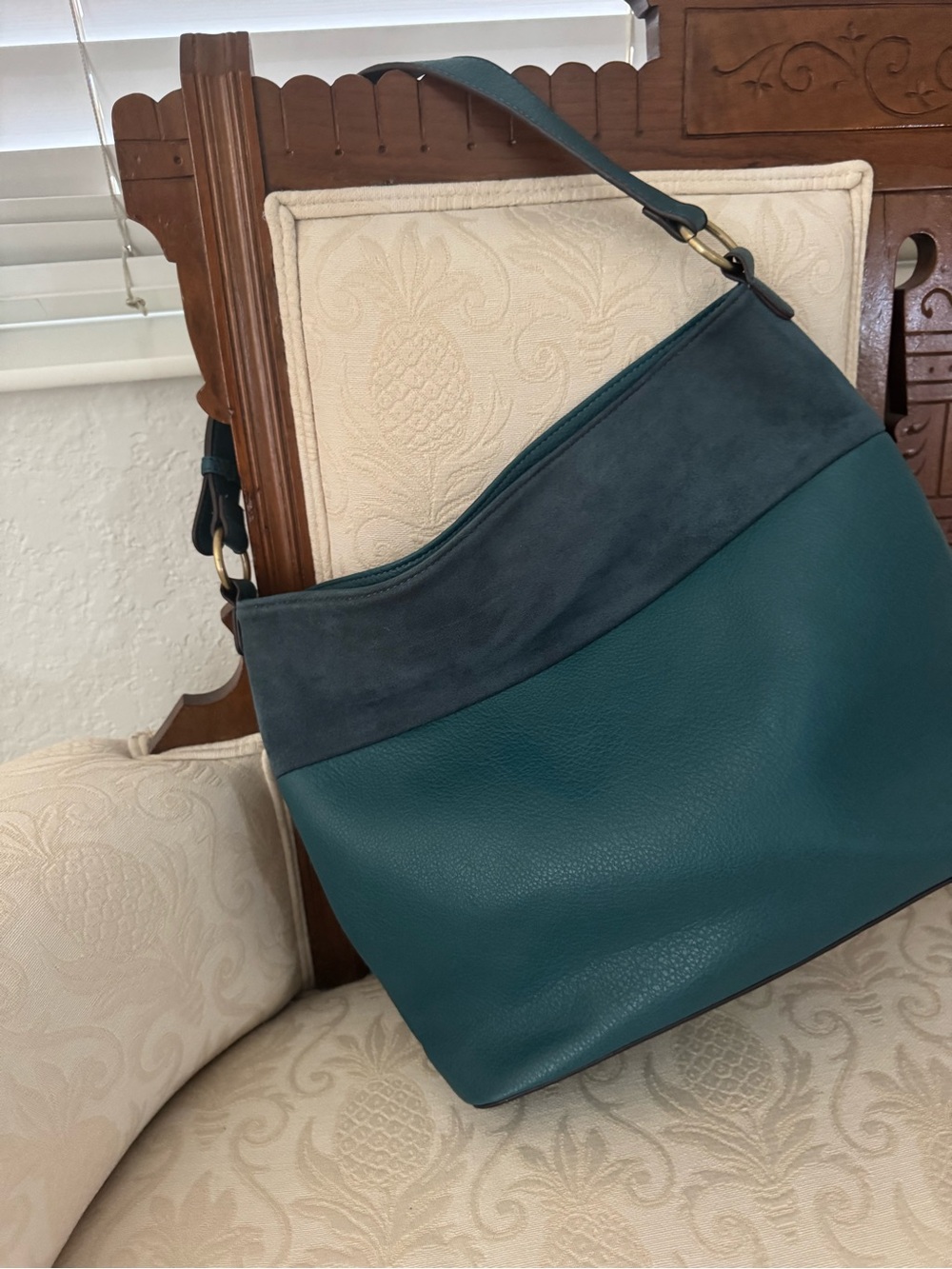 Malibu Skye Teal Two-Tone Shoulder Hobo Bag with Suede Trim